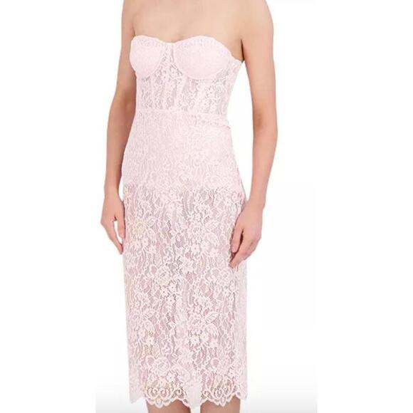 New BCBG Women's Pink Lace Mesh Midi Dress with Built in Bodysuit, size 4 - Picture 2 of 7